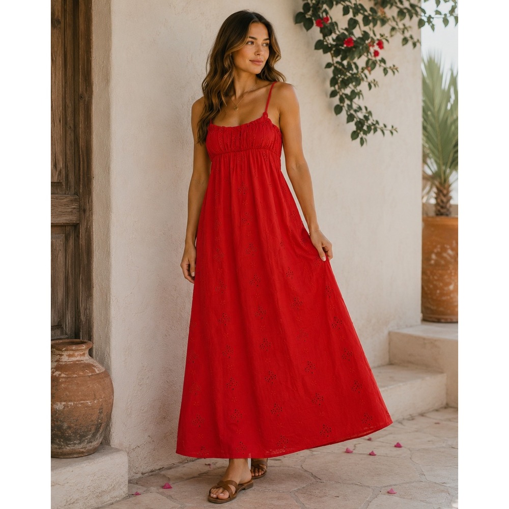 Sim & Sam Dress Womens Medium Red Eyelet Boho Cottagecore Coquette